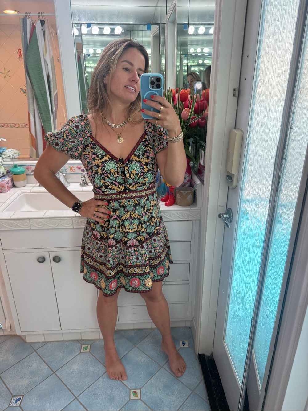 Alice + Olivia Mixed Print Puff Sleeve Mini Dress Boho Fit & Flare Size 6